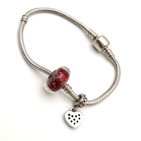 Pandora Sterling Silver Bracelet w/ Red Rhinestone Pave Heart Dangle Charm - Picture 3 of 8